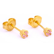 3MM Pink Cubic Zirconia 24K Pure Gold Plated Ear Piercing Stud