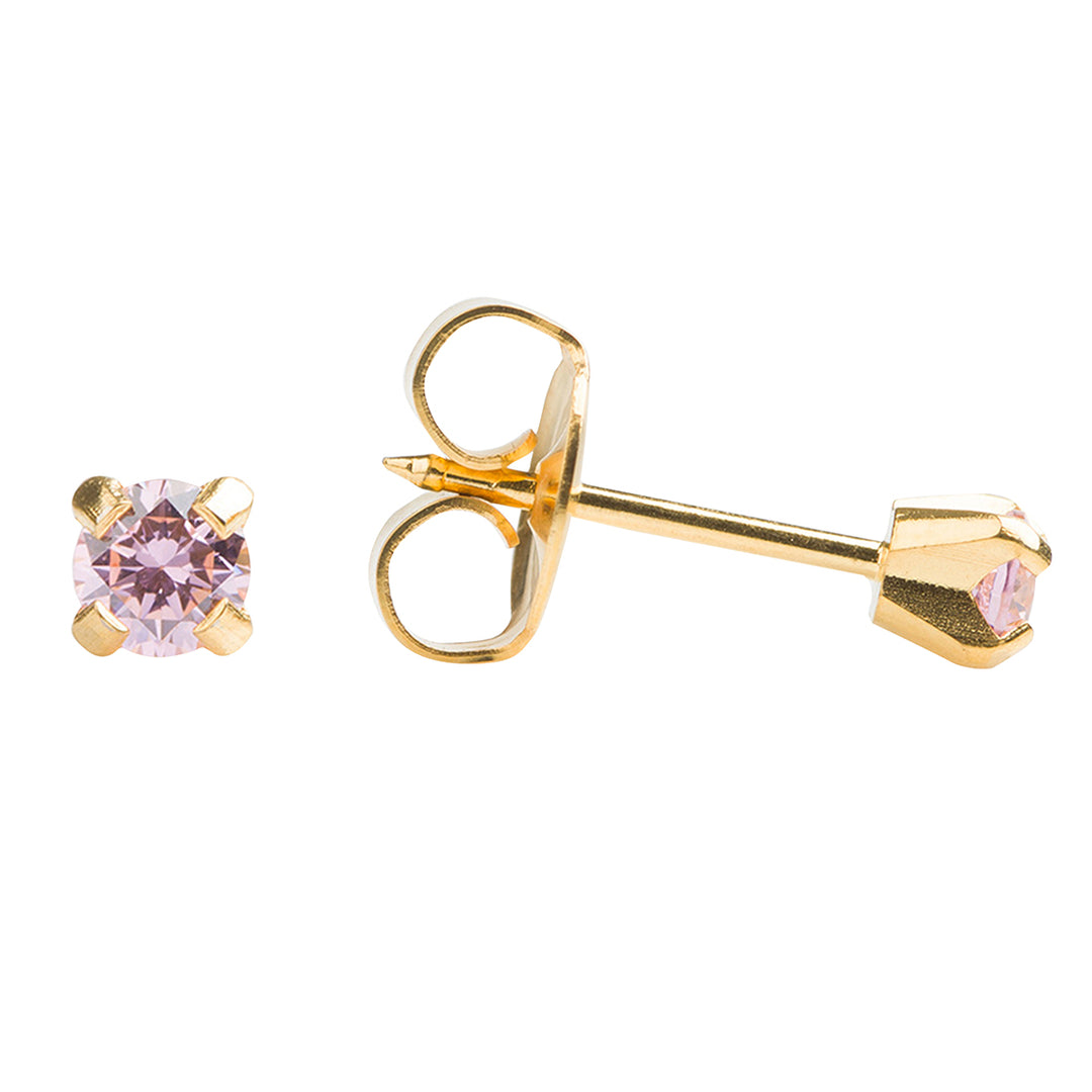 3MM Pink Cubic Zirconia 24K Pure Gold Plated Ear Piercing Stud