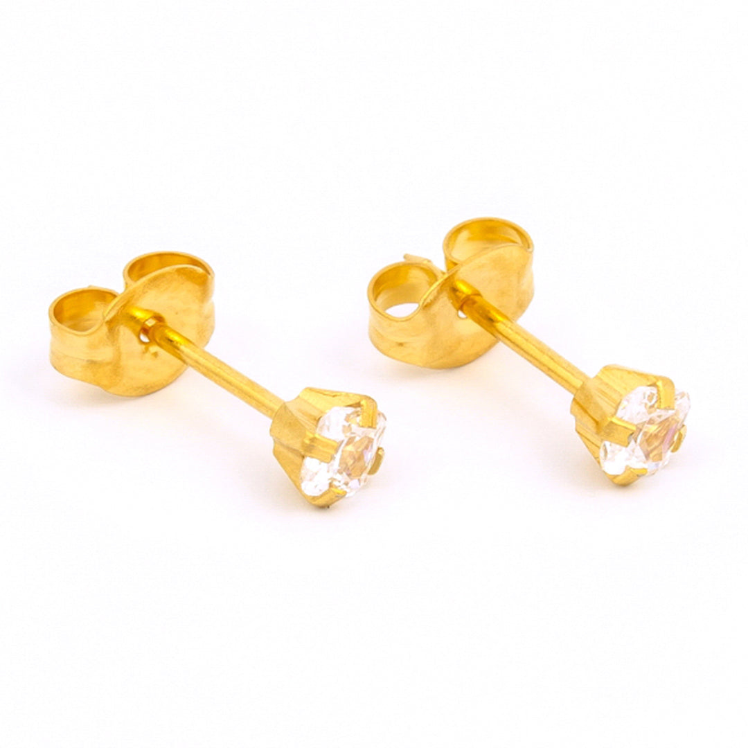 3X3MM Princess Cut Cubic Zirconia 24K Pure Gold Plated Ear Piercing Stud