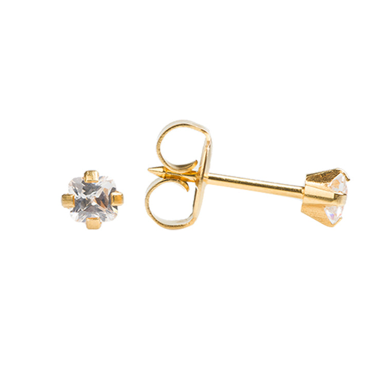 3X3MM Princess Cut Cubic Zirconia 24K Pure Gold Plated Ear Piercing Stud