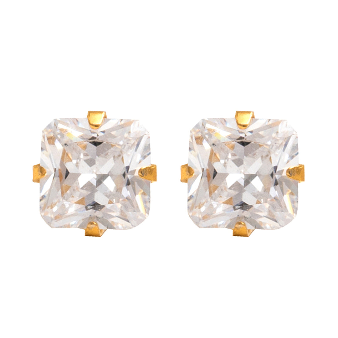 4X4MM Cubic Zirconia Princess Cut 24K Pure Gold Plated Ear Piercing Stud