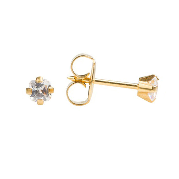 4X4MM Cubic Zirconia Princess Cut 24K Pure Gold Plated Ear Piercing Stud
