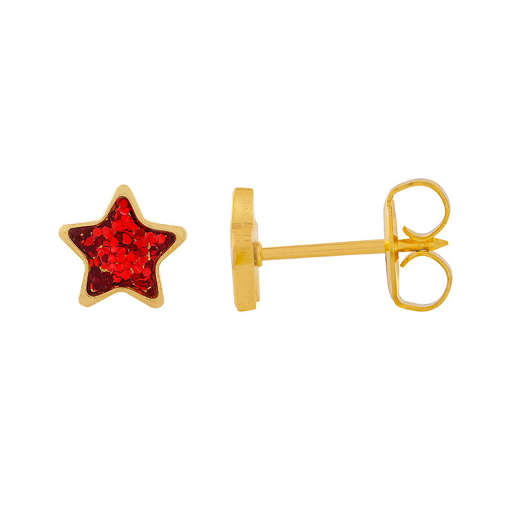 6MM Star Red Glitter 24K Pure Gold Plated Ear Piercing Stud