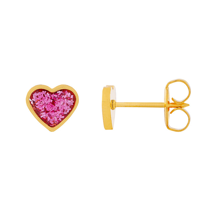 6MM Heart Pink Glitter 24K Pure Gold Plated Ear Piercing Stud