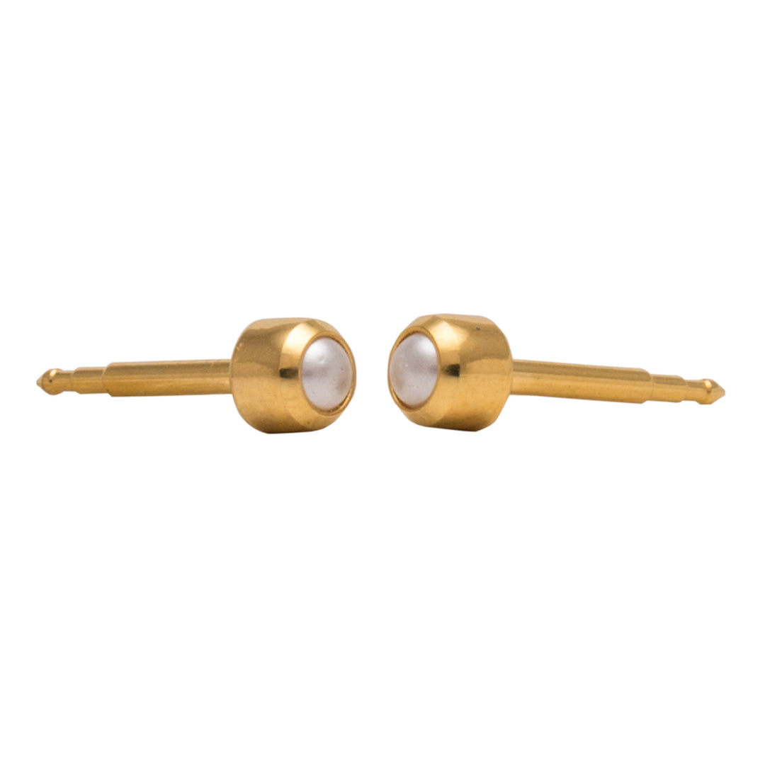 2MM White Pearl Bezel 24K Pure Gold Ear Piercing Stud For Kids
