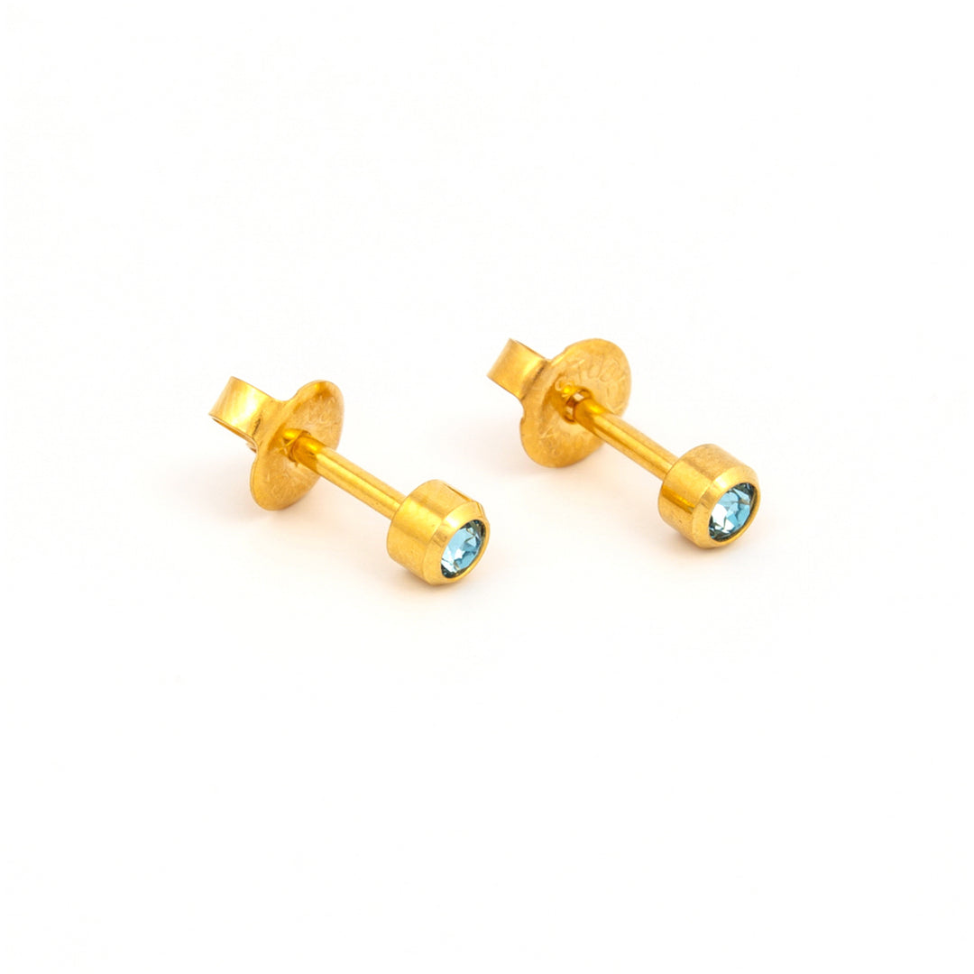 2MM March Ð Aquamarine Birthstone Bezel 24K Pure Gold Plated Ear Studs