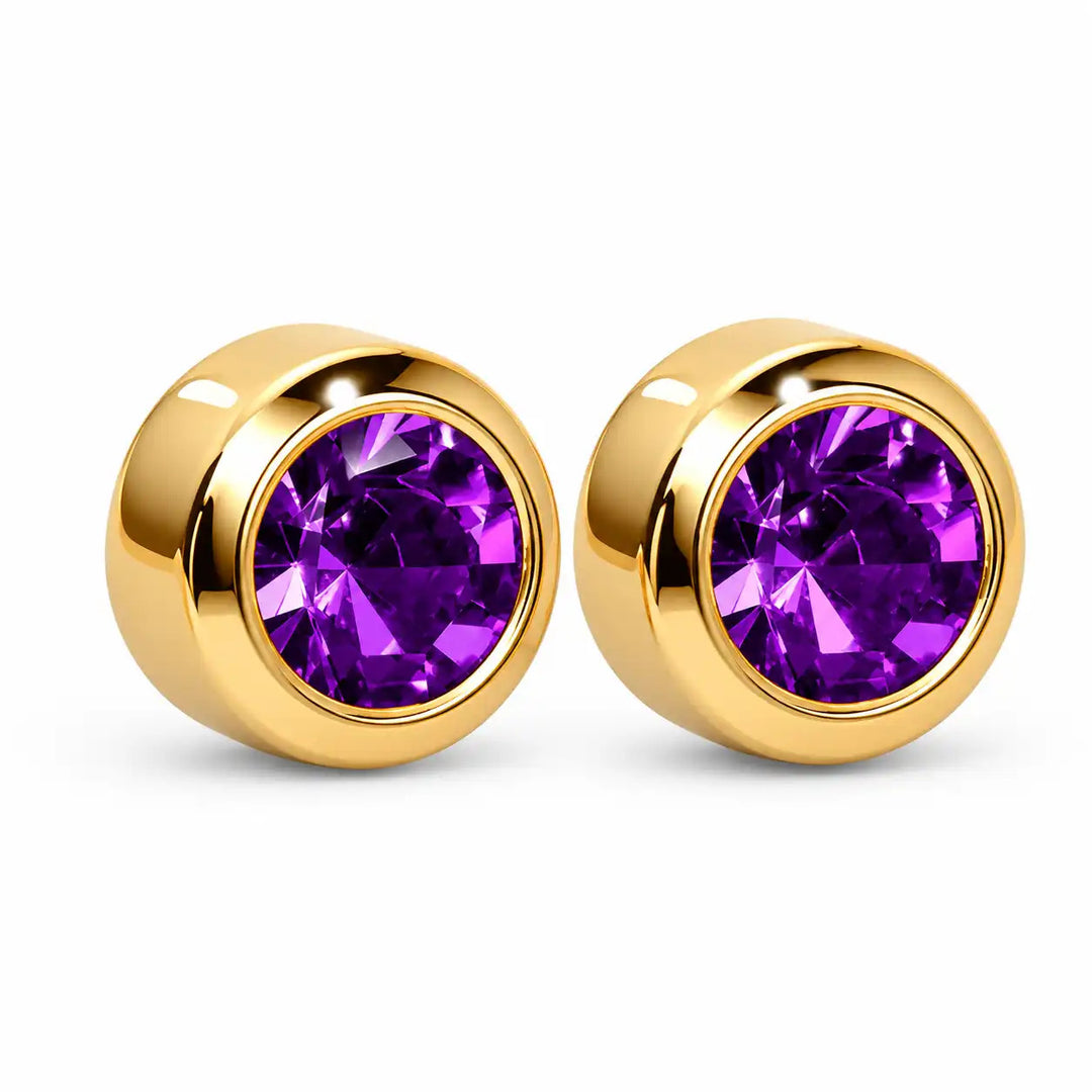 3MM February Amethyst Bezel 24K Pure Gold Plated Ear Studs