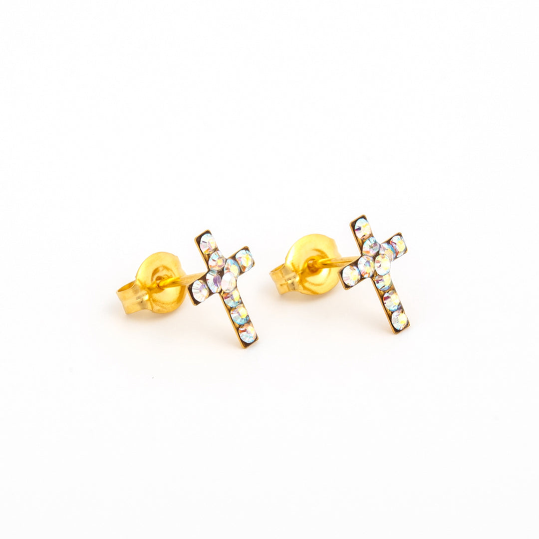 Crosses Ab Crystal 24K Pure Gold Plated Ear Studs