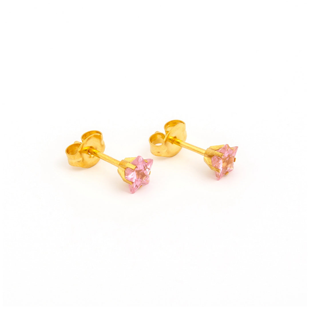 5MM Pink Cubic Zirconia Star 24K Pure Gold Plated Ear Studs