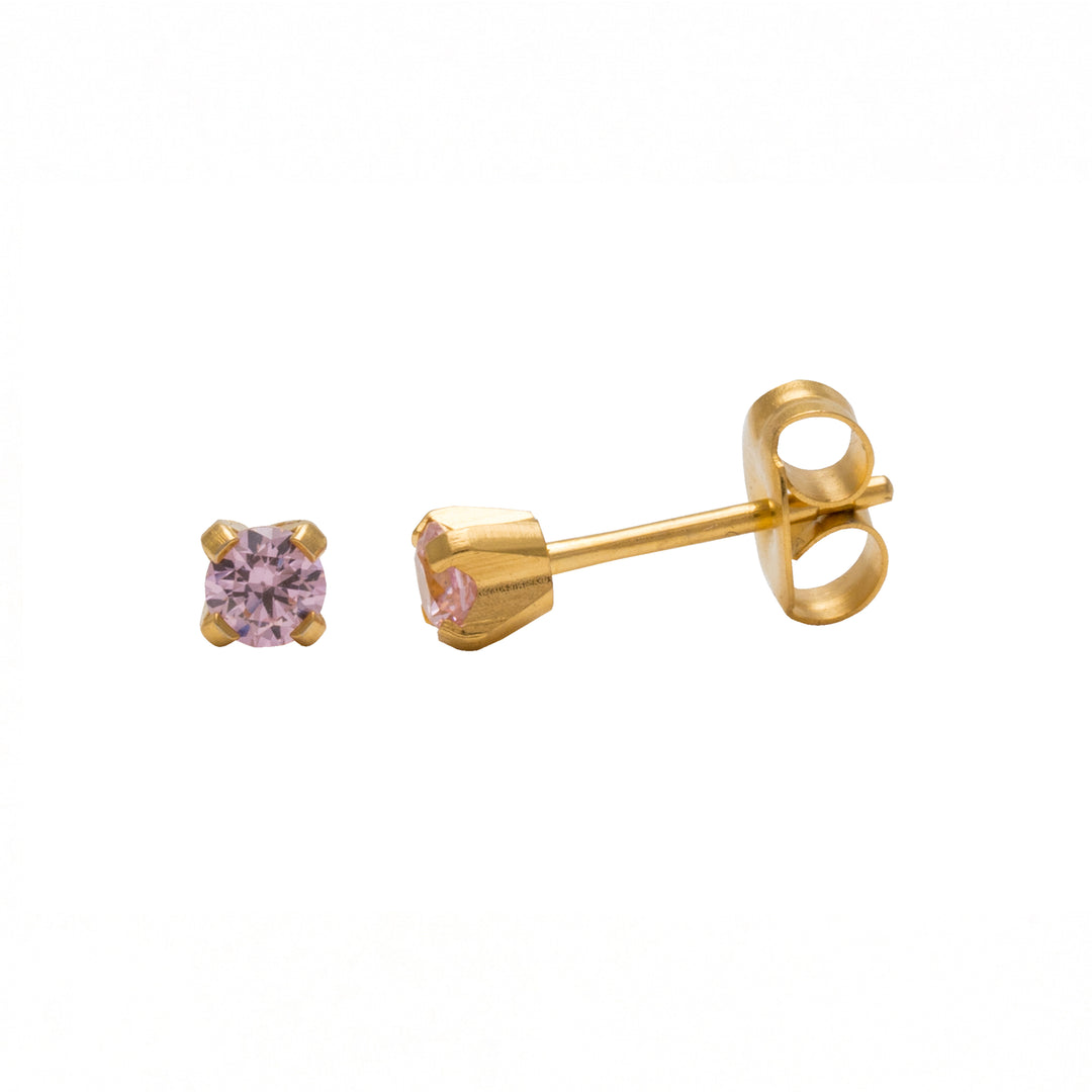 3MM Pink Cubic Zirconia 24K Pure Gold Plated Ear Studs