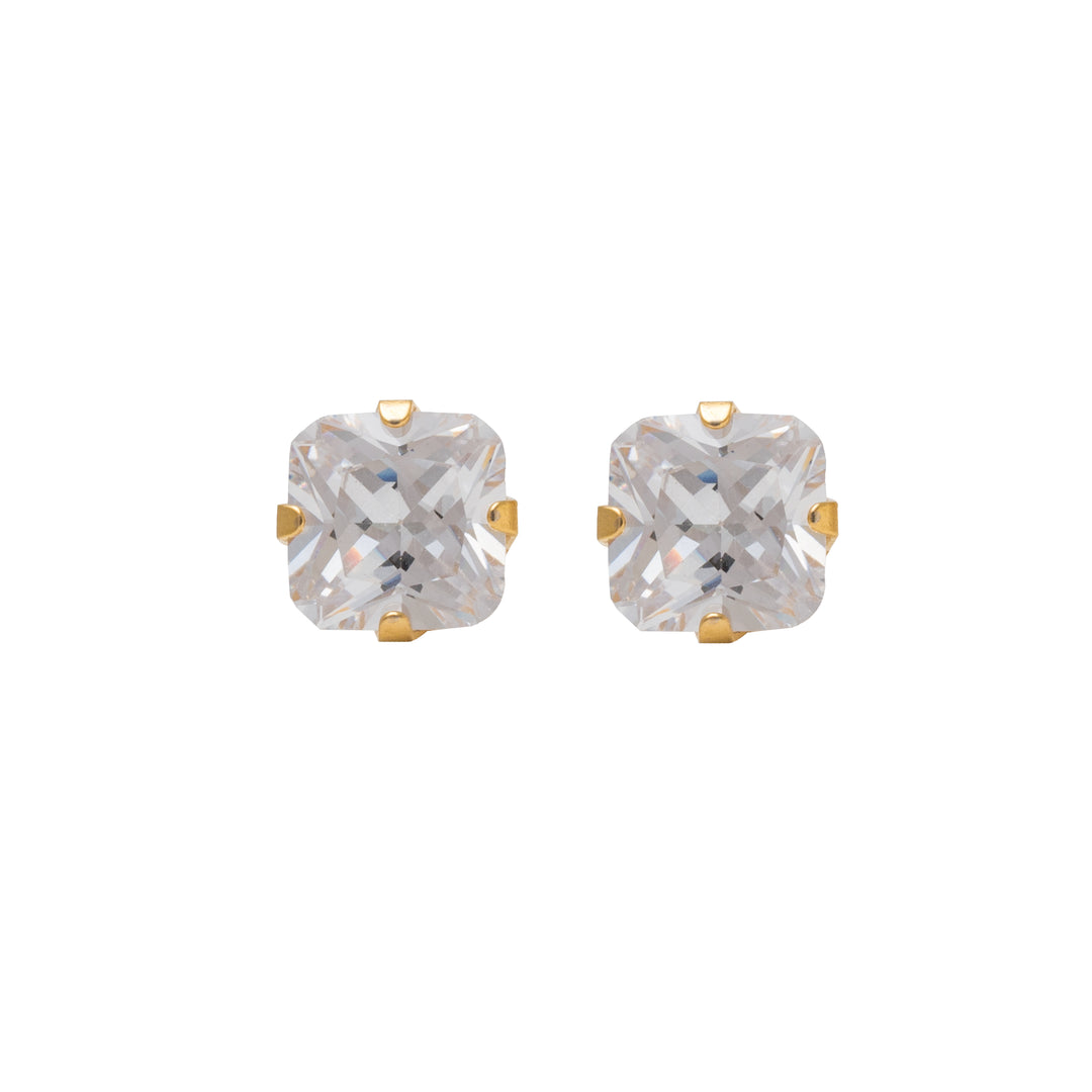 7*7MM Cubic Zirconia Princess Cut 24K Pure Gold Plated Ear Studs