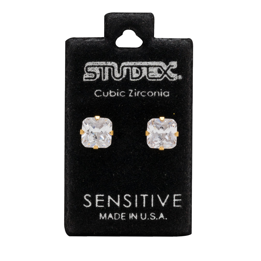 7*7MM Cubic Zirconia Princess Cut 24K Pure Gold Plated Ear Studs