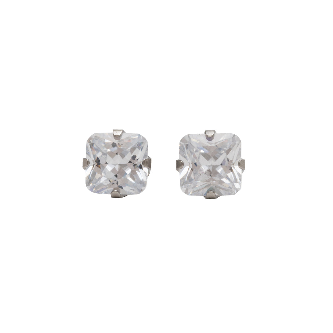 7*7MM Cubic Zirconia Princess Cut Allergy-Free Stainless Steel Ear Studs
