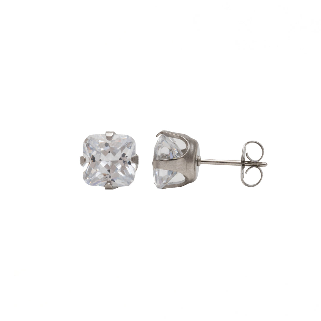 7*7MM Cubic Zirconia Princess Cut Allergy-Free Stainless Steel Ear Studs