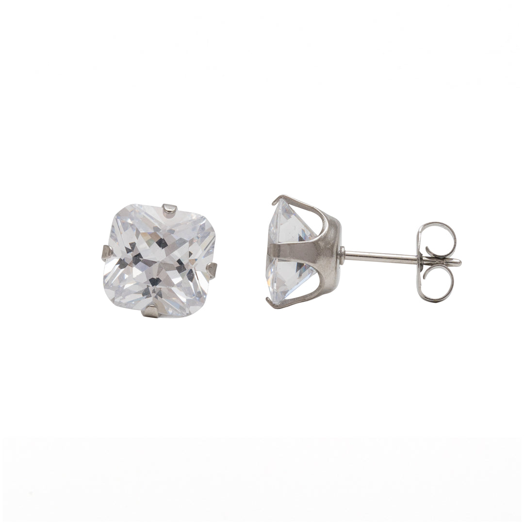 8*8MM Cubic Zirconia Princess Cut Allergy-Free Stainless Steel Ear Studs