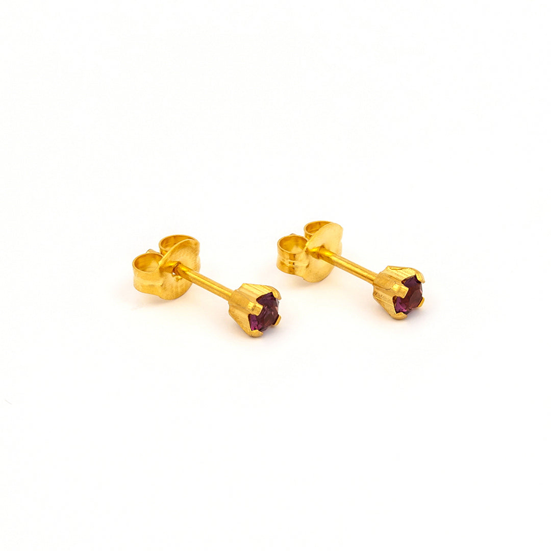 3MM Amethyst February Birthstone 24K Pure Gold Plated Ear Studs For Kids