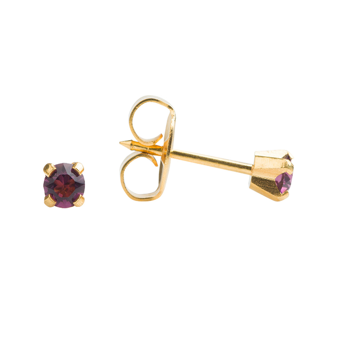 3MM Amethyst February Birthstone 24K Pure Gold Plated Ear Studs For Kids