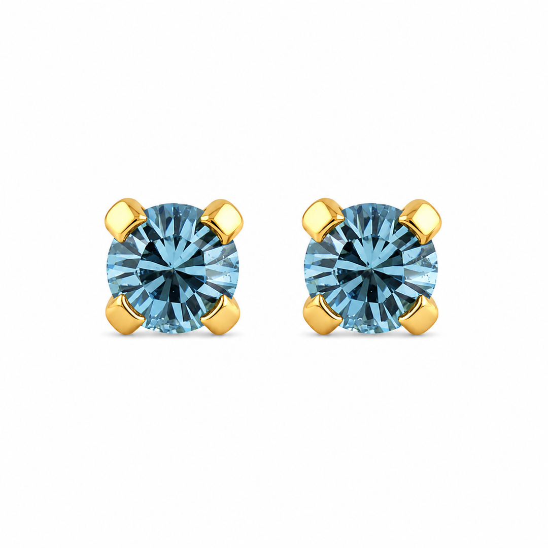 3MM March Aquamarine Birthstone 24K Pure Gold Plated Ear Studs For Kids