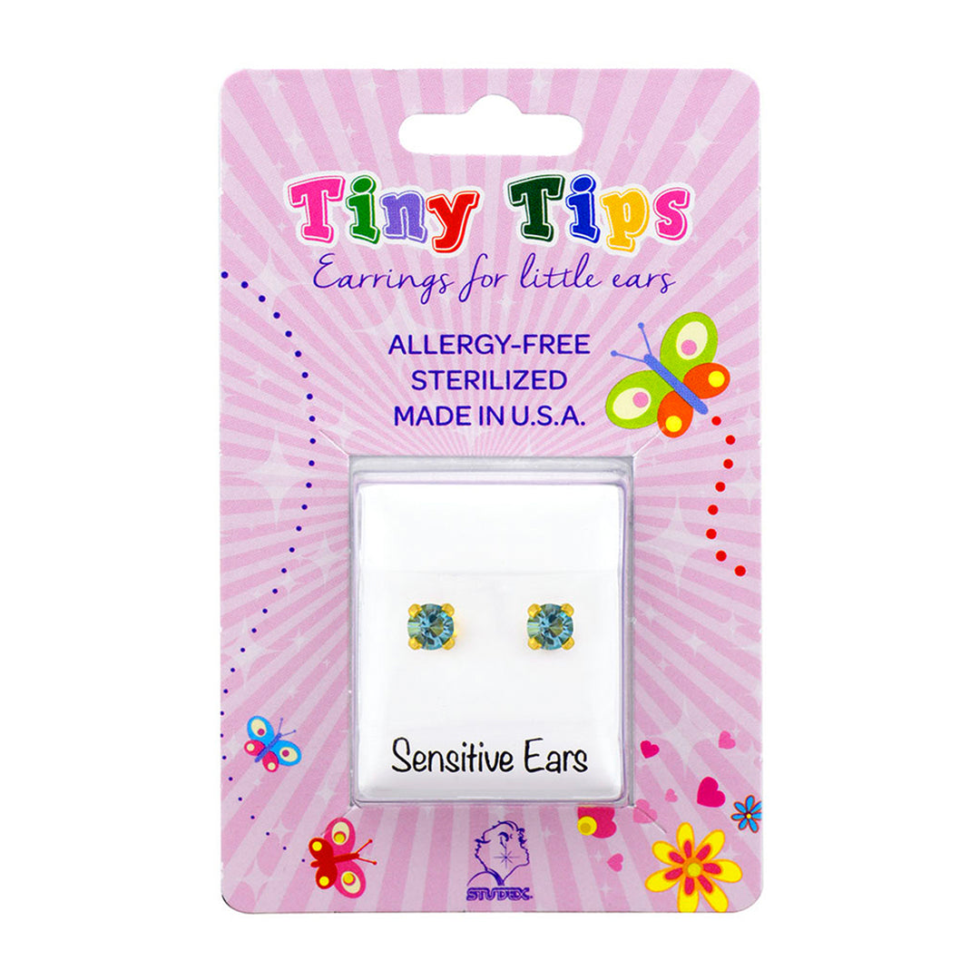 3MM March Aquamarine Birthstone 24K Pure Gold Plated Ear Studs For Kids