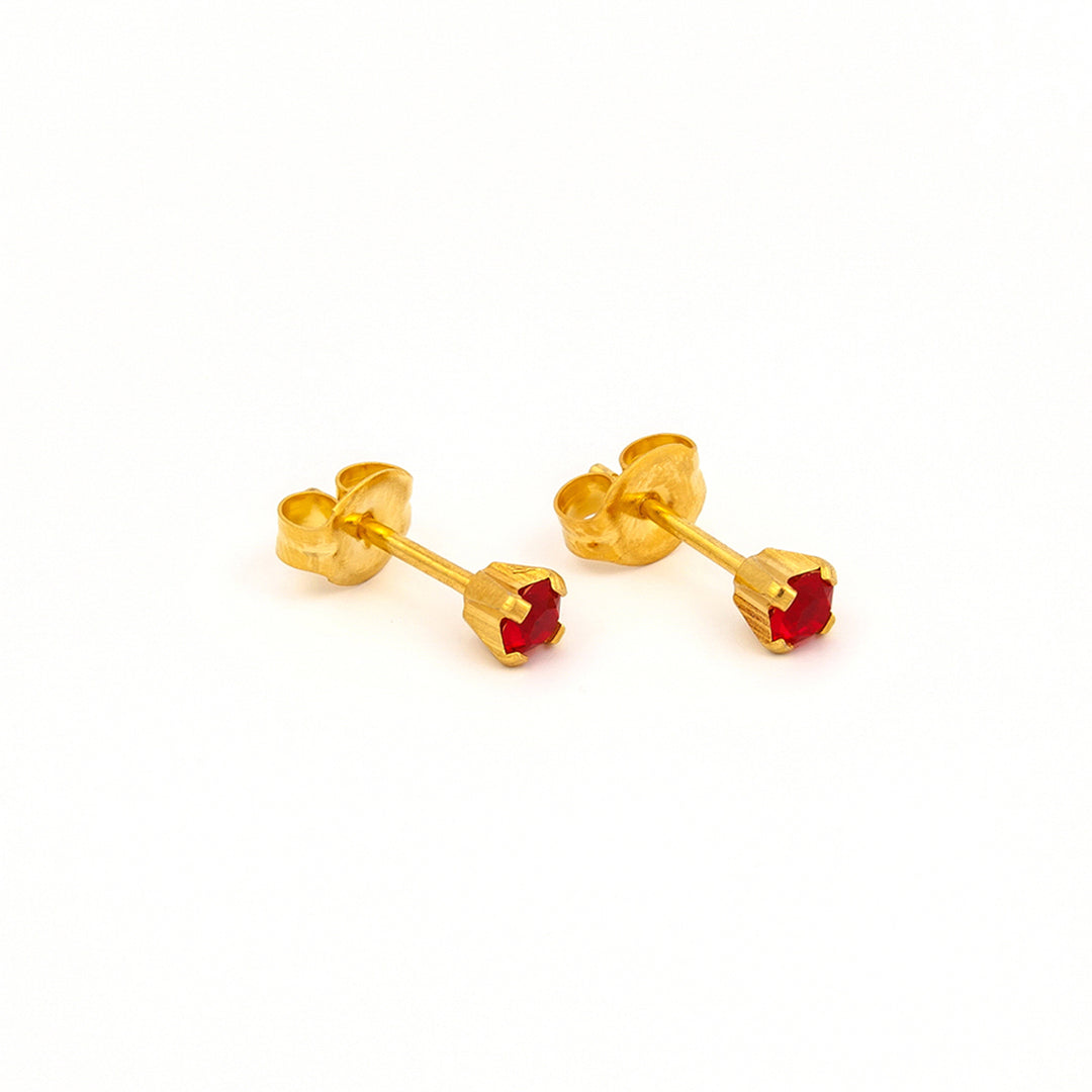 3MM -July Ruby Birthstone 24K Pure Gold Plated Ear Studs For Kids
