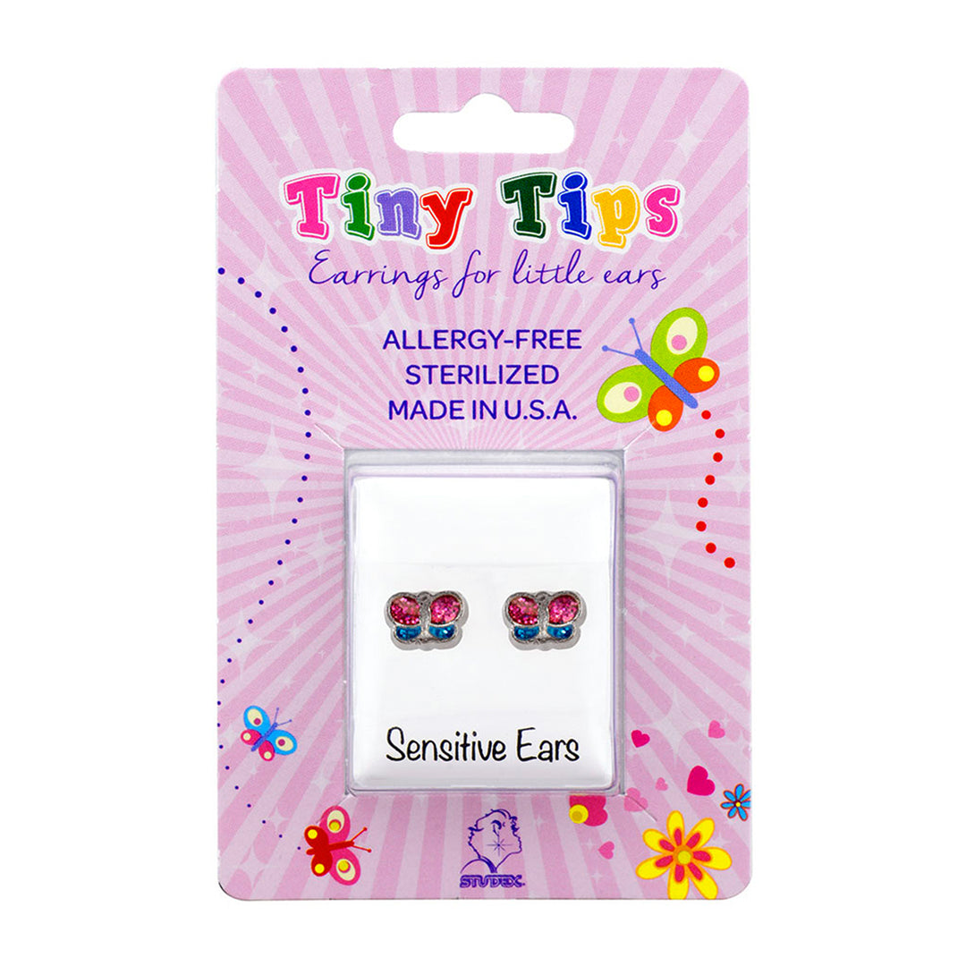 Butterfly Glitter Pink/ Turquoise Allergy-free Stainless Steel Ear Stud For Kids