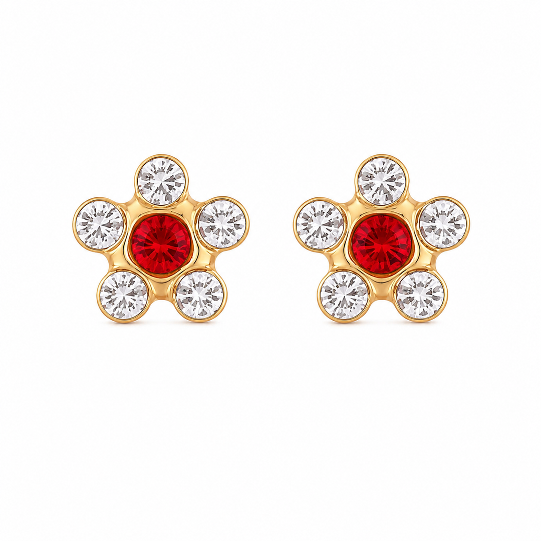 Daisy April Crystal -July Ruby 24K Pure Gold Plated Ear Studs For Kids