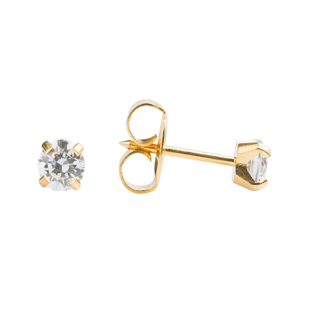 4MM Cubic Zirconia 24K Pure Gold Plated Ear Studs For Kids