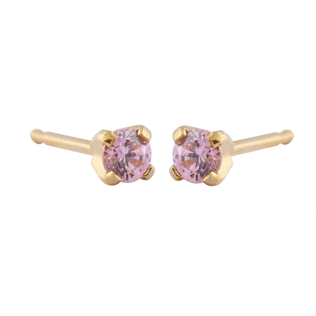 3MM Pink Cubic Zirconia 24K Pure Gold Plated Ear Studs For Kids